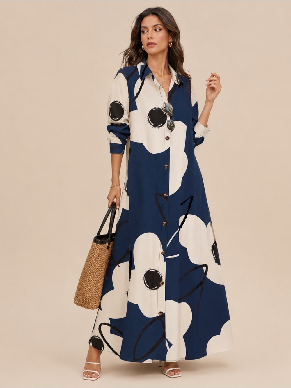 NEW - Navy Blue Abstract Print Button Front Maxi Shirt Dress